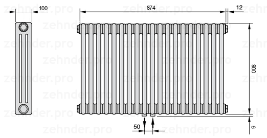 Схема (чертеж) Радиатор Zehnder Charleston 3090/19 №5410 Белый глянцевый RAL 9016